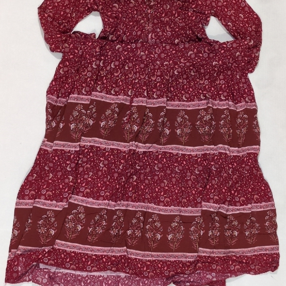 Front Lace Up Long Sleeve Tiered allover Boho Red Floral Women's Maxi Dress S - Picture 3 of 9